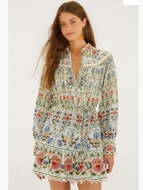new Farm Rio Stitched Garden Long Sleeve Cotton Blend Mini Shirtdress off white